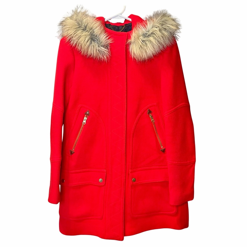 J. Crew Red Coat with Faux Fur Trim